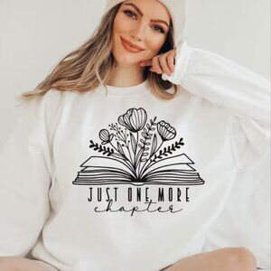 Book with flowers Just one more chapter NEW white crewneck sweatshirt